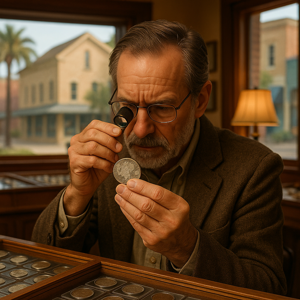 Expert appraiser carefully examining a rare collectible coin under magnification