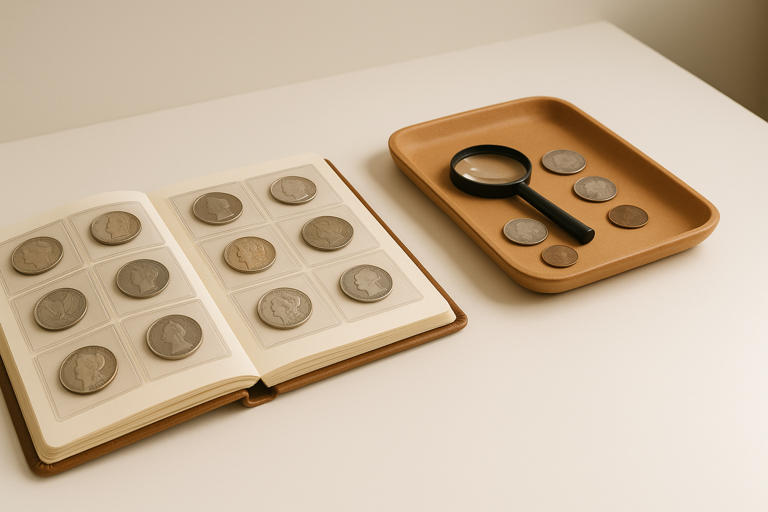 A softly lit, minimalist scene on a clean white desk. In the foreground, an open vintage coin album displays several rare US coins in clear sleeves. 