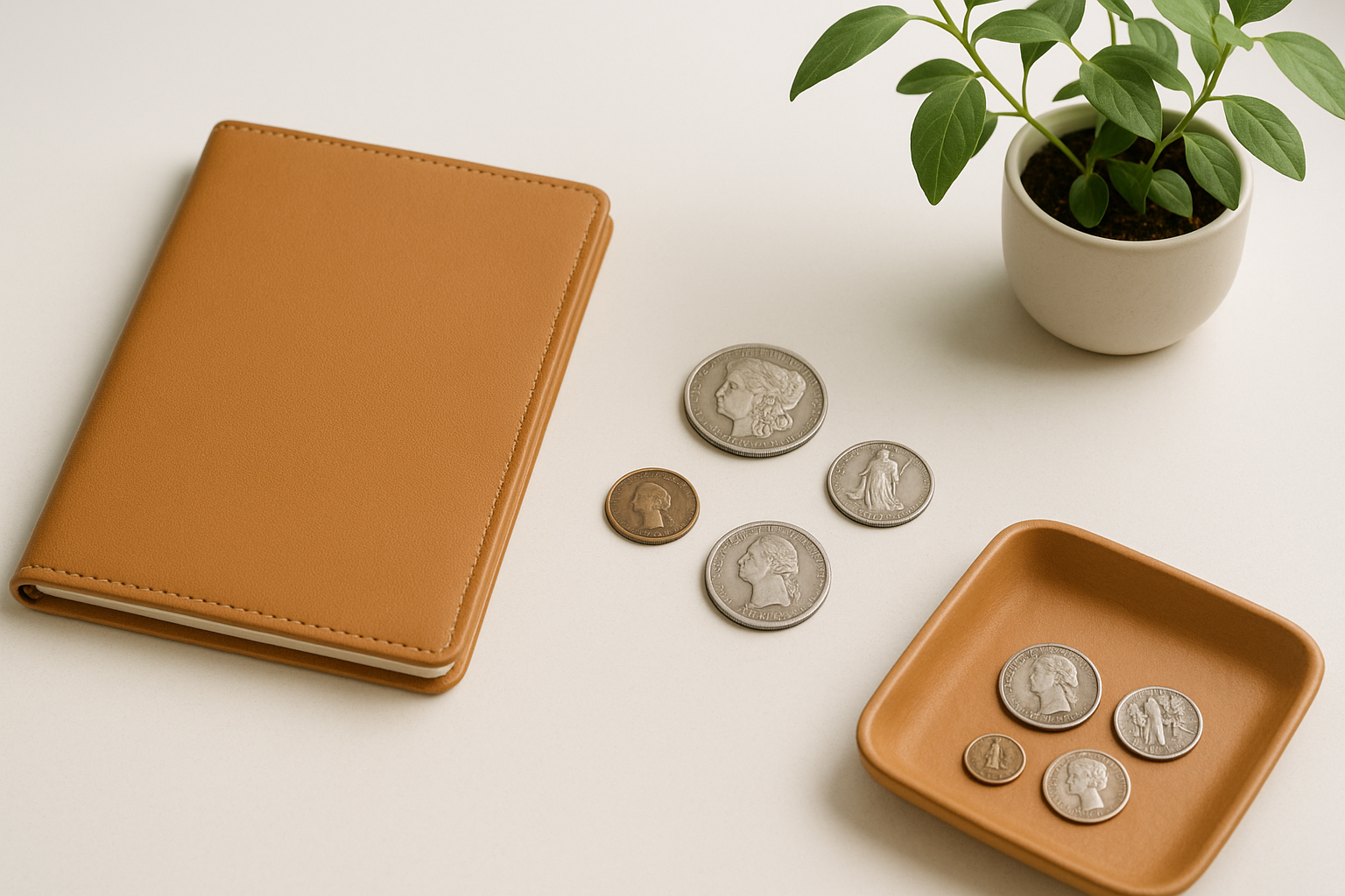 A tranquil, softly lit workspace featuring a tan leather notebook, a few scattered rare US coins, and a delicate houseplant in a white ceramic pot. 