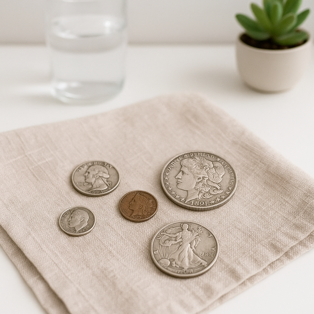 A tranquil scene with a light tan linen cloth spread over a white tabletop. A few rare US coins are thoughtfully arranged in a loose semicircle, with a soft-focus background featuring a glass of water and a small potted succulent.