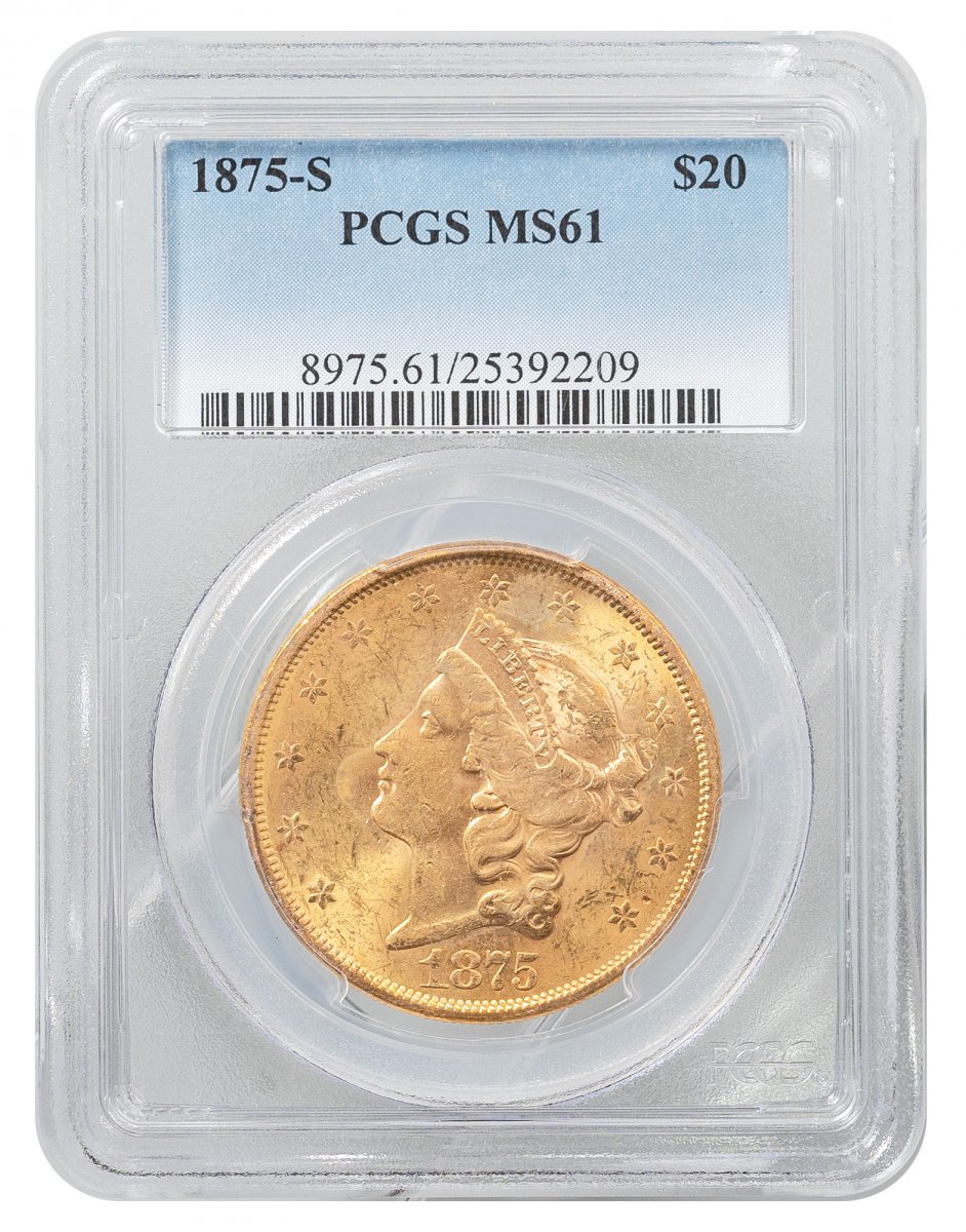1875-S-Liberty Head $20 - Type 2 With Motto "TWENTY D." on Reverse