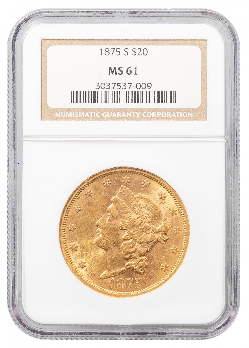 1875-S-Liberty Head $20 - Type 2 With Motto "TWENTY D." on Reverse