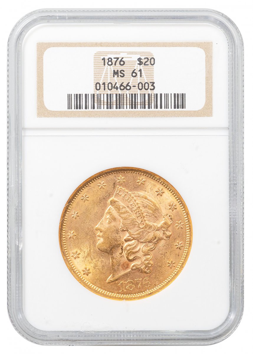 1876-Liberty Head $20 - Type 2 With Motto "TWENTY D." on Reverse