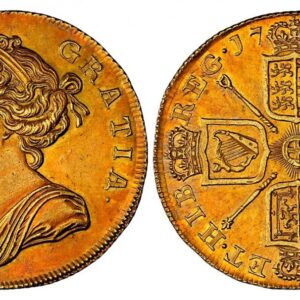 World Coins ("GREAT BRITAIN. Anne. (Queen, 1702-1714). 1709 AV Two Guineas. NGC AU58. ANNA DEI - GRATIA ·. Bust left / MAG - BRI · FR - ET · HIB - REG ·. English and Scottish shield halved; eight strings in Irish harp. KM 531; SCBC-3569; ESC-454. Conservatively grad)