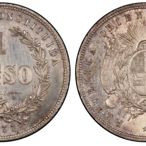 World Coins ("URUGUAY. 1877-A AR 4 Piece Specimen Set (Peso; 10; 20; 50 Centesimos). PCGS SP66- SP63. Paris. REPUBLICA ORIENTAL DEL URUGUAY *. Flagged arms within sprigs, star below, radiant face above / LIBRE Y CONSTITUIDA. Value within wreath, date below. KM 14 th)