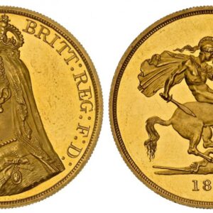 World Coins ("GREAT BRITAIN. Victoria. (Queen, 1837-1901). 1887 AV Five Pounds. NGC PR61UCAM (Ultra Cameo). VICTORIA D:G: BRITT: REG: F:D:. Bust left wearing small crown and veil / St. George slaying the dragon right. KM 769. Proof.; SCBC-3864; EGC-1308; Hill F31; W&)