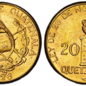 World Coins ("GUATEMALA. 1926-(P) AV 20 Quetzales. PCGS MS63. Philadelphia mint (United States of America). National arms / Quetzal atop engraved pillar. KM 246. Please use this link to verify the PCGS certification number <a href=""http://www.pcgs.com/cert/34158567)