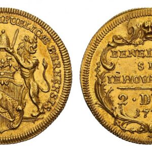 World Coins ("SWISS CANTONS. Bern. 1771 AV 2 Ducat. NGC MS63. By De Beyer. 6.91gm. BERNENSIS MONETA AUREA REIPUBLICÆ. Crowned arms of Bern with supporters holding hat above / BENEDICTUS / SIT / IEHOVA DEUS. Inscription, value, date within cartouche. KM 125; Fr.-165; )