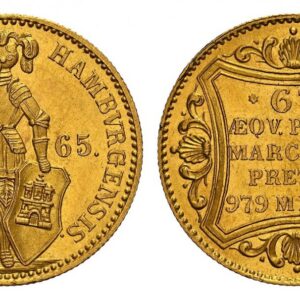 World Coins ("GERMAN STATES. Hamburg. 1865 AV Ducat. NGC MS64. 3.49gm. Knight with pointed shield / ...979 MILLES. Legend within ornamental frame. KM 579. Currently the finest known at NGC as of November 2025 Ex The Traveller Collection; Purchased from Baldwin 21.7.)