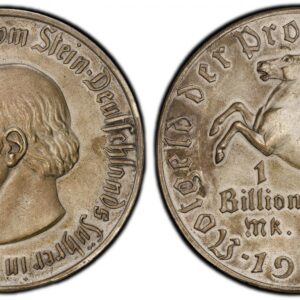World Coins ("GERMANY, WEIMAR REPUBLIC. Westphalia. 1923 Silvered Maillechort 1 Billion Mark. PCGS MS64 Matte. 60mm. Portrait of Baron von Stein, left / White Horse of Westphalia, left. Funck-645.15A; cf. Jaeger Notgeld 28. Notgeld inflationary coinage struck in Mai)