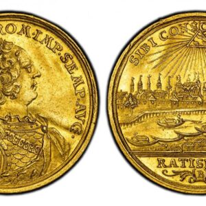 World Coins ("GERMAN STATES. Regensburg. Francis I. (1745-65) I.L.OE. AV Ducat. PCGS AU58. By Johann Leonhard Oexlein. 3.49gm. FRANCISC · - I · D · G · ROM · IMP · SEMP · AVG ·. Armored laureate bust, right / City view. KM 306; Fr.-2538; Beckenbauer 448. Plato 63; S)