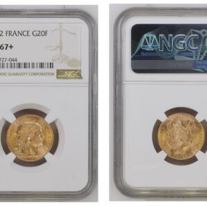 World Coins ("FRANCE. 1914 AV 20 Francs. NGC MS67+. By Jules-Clément Chaplain. Edge: LIBERTE EGALITE FRATERNITE. 21mm. 6.4516gm. Oak leaf wreath encircles liberty head right / Rooster divides denomination, date below. KM 857. Please use this link to verify the NGC c)