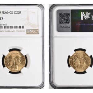 World Coins ("FRANCE. 1909 AV 20 Francs. NGC MS67. By Jules-Clément Chaplain. Edge: LIBERTE EGALITE FRATERNITE. 21mm. 6.4516gm. Oak leaf wreath encircles liberty head right / Rooster divides denomination, date below. KM 857. Please use this link to verify the NGC ce)