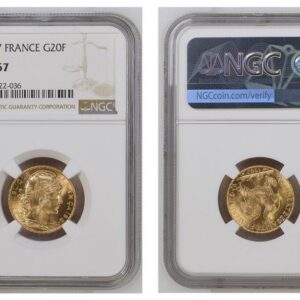 World Coins ("FRANCE. 1907 AV 20 Francs. NGC MS67. By Jules-Clément Chaplain. Edge: LIBERTE EGALITE FRATERNITE. 21mm. 6.4516gm. Oak leaf wreath encircles liberty head right / Rooster divides denomination, date below. KM 857. Please use this link to verify the NGC ce)
