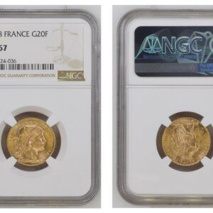 World Coins ("FRANCE. 1908 AV 20 Francs. NGC MS67. By Jules-Clément Chaplain. Edge: LIBERTE EGALITE FRATERNITE. 21mm. 6.4516gm. Oak leaf wreath encircles liberty head right / Rooster divides denomination, date below. KM 857. Please use this link to verify the NGC ce)