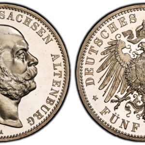 World Coins ("GERMAN STATES. Saxe-Altenburg. Ernst I. 1901-A AR 5 Mark. PCGS PR66 Cameo. Berlin. Edge: GOTT MIT UNS. Head right / Crowned imperial eagle with shield on breast. KM 38. Proof; Jaeger 143. Struck to commemorate Ernsts 75th Birthday. From a reported Pro)