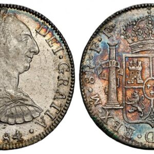 World Coins ("MEXICO. Charles III. 1784-Mo FF AR 8 Reales. NGC AU58. Mexico City. CAROLUS · III · DEI · GRATIA ·. Armored bust of Charles III, right / · HISPAN · ET IND · REX · ... Crowned shield flanked by pillars with banner, normal initials and mint mark. KM 106.2)