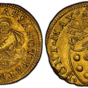 World Coins ("ITALIAN STATES. Papal States. Clement VII. (Pontiff, 1523-1534). (1523-1534) F AV Florin or Fiorino di camera. PCGS MS63. Rome. 3.29gm. • CLEMENS • VII • - • PONT • MAX *. Papal tiara and crossed keys above heraldic shield / + SANCT•PETRVS (mm) ALMA • R)