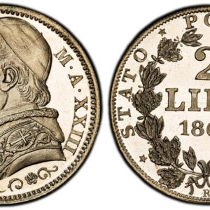World Coins ("ITALIAN STATES. Papal States. Pius IX. 1868-XXIII-R AR 2 Lire. PCGS MS64PL (Prooflike). Rome. PIUS IX PON. M. A... Bust left. KM 1379.3; Berman 3339. In our opinion this is a proof or presentation striking. Please use this link to verify the PCGS ce)