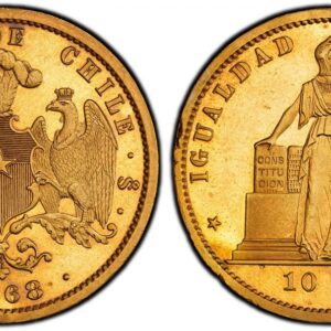World Coins ("CHILE. 1868 Gilt Copper Pattern 10 Pesos. PCGS SP64. Allegorical figures standing looking to her left; denomination in exergue / Plumed shield of arms with supporters to either side; date in exergue. KM Pn23 (cf. KM 145). Presented to Santiago mint off)