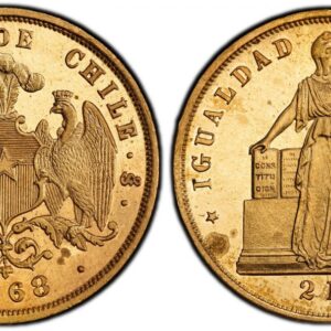 World Coins ("CHILE. 1868 Gilt Copper Pattern 2 Pesos. PCGS SP64. Allegorical figures standing looking to her left; denomination in exergue / Plumed shield of arms with supporters to either side; date in exergue. KM Pn19 (cf. KM 143). Presented to Santiago mint offi)