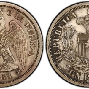 World Coins ("CHILE. 1868-So Silvered Copper Pattern Peso. PCGS SP61. By James B. Longacre and Anthony Paquet. Santiago. Eagle standing with wings spread; looking to left and date in exergue / Plumed shield of arms within wreath; denomination in exergue. KM PnA18. P)