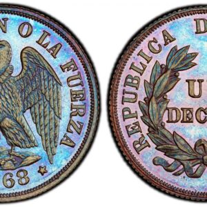 World Coins ("CHILE. 1868 CU Pattern Decimo. PCGS SP66BN (Brown). By James B. Longacre and Anthony Paquet. Eagle standing with wings spread; looking to left and date in exergue / Denomination within wreath. KM Pn14 (cf. KM 136.2). Presented to Santiago mint official)