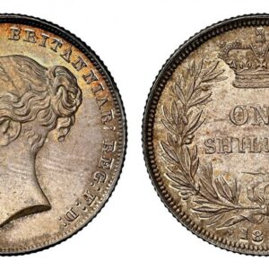 World Coins ("GREAT BRITAIN. Victoria. (Queen, 1837-1901). 1858/6 AR Shilling. NGC MS64. VICTORIA DEI GRATIA BRITANNIAR: REG: F: D:. High relief portrait / Crown above denomination within wreath; date below. KM 734.1; SCBC-3904; ESC-3012, Davies 874 dies 2A. Young h)