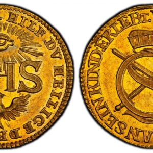World Coins ("GERMAN STATES. Saxony-Albertine. Johann Georg I. 1616 AV Restrike Ducat. PCGS MS62. 3.46gm. WOL DEM DER FREUD AN SEIN KIND: ERLEPT. Large SC monogram superimposed on 2 crossed swords (electoral Saxony), electoral hat above / HILF DV HEILIGE DREYFALTIGKE)