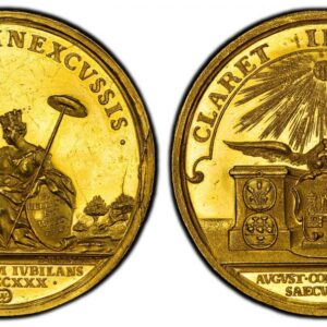 World Coins ("GERMAN STATES. Hamburg. 1730 AV Medallic 10 Ducats (Portugalöser). PCGS SP61PL (Prooflike). By D. Haesling. 45.9mm. 34.84gm. CLARET INOCCIDVIS • on banner above, AVGVST • CONFESSION • / SAECVLO II • in exergue. Crowned eagle clutching the Hamburg city c)