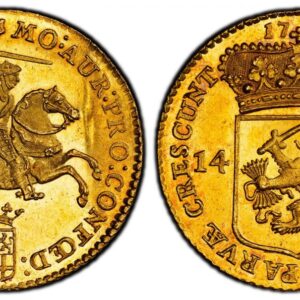 World Coins ("NETHERLANDS. UTRECHT. 1763 AV 14 Gulden. PCGS MS64. MO : AUR : PRO : CONFOED : BELG : TRAIECT • . Armored knight on horse above crowned shield / CONCORDIA RESPARVÆ CRESCUNT. Crowned arms of Utrecht divide value, date above. KM 104; Fr.-288; Delmonte 970)