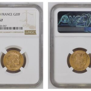 World Coins ("FRANCE. 1910 AV 20 Francs. NGC MS67. By Jules-Clément Chaplain. Edge: LIBERTE EGALITE FRATERNITE. 21mm. 6.4516gm. Oak leaf wreath encircles liberty head right / Rooster divides denomination, date below. KM 857. Currently the finest known at NGC as of O)