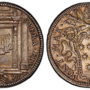 World Coins ("ITALIAN STATES. Papal States. Clement X. 1675 AR Giulio. PCGS MS65. 3.19gm. CLEMENS X – PONT MAX. Papal tiara and crossed keys above shield of arms / IN PORTIS – OPERA EIUS. The Holy Door open; splendors revealed within; in exergue, family shiled of arm)
