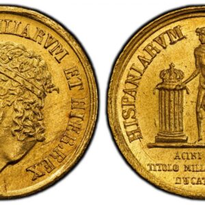 World Coins ("ITALIAN STATES. Naples. Ferdinando I. 1818 AV 3 Ducati. PCGS MS63. 3.81gm. FERD · I · D · G · REGNI SICILIARVM ET HIER · REX ·. Crowned head to left / HISPANIARVM - INFANS. ACINI 85 / TITILO MILLESIMI 996 / DUCATI 3. Standing figure of the Bourbon Geniu)