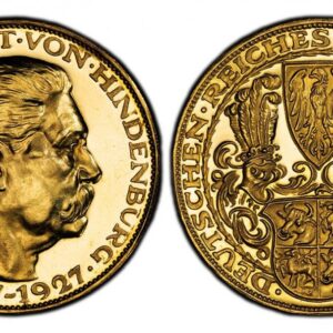 World Coins ("GERMANY, WEIMAR REPUBLIC. Munich. 1927-D AV Medallic 5 Mark. PCGS SP62. By Karl Goetz. Munich. Edge: BAYER . HAUPTMÜNZAMT (•) 900 f. 35mm. 22.64gm. REICHPRASIDENT • VON • HINDENBURG • (1847-1927) •. Bust of von Hindenburg, right / • DEUTSCHEN • REICHES)