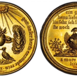 World Coins (."GERMAN STATES. Bremen. (1631-1660) ND AV Marriage Medal of 10 Ducats Weight. PCGS MS62. By J. Blum (Bremen). 43mm. 36.88gm. GOTT UNSER HERZ... Two hands from clouds with a burning heart, below a pair of pigeons, on top the radiant name of God / EIN GLÜ)