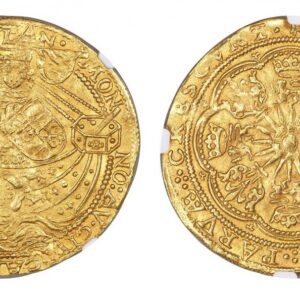 World Coins (."NETHERLANDS. Kampen. Philip II of Spain. (1590-3)-(Castle) AV Imitative Flemish Noble. NGC MS62. Kampen. 7.57gm. MONNO : AV • CIVI • CAMPEN • VALO : TRAN• ISVLAN. King standing in ship facing, holding sword and shield, a flag bearing a regular C at the)