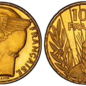 World Coins (."FRANCE. Third Republic. (1870-1940). 1936 AV 100 Francs. PCGS PR65DCAM (Deep-Cameo). By L. Bazor. Paris. REPVBLIQVE FRANÇAISE. Winged head, left; signed below / 100 FRANCS. Denomination above grain sprig, date below, laurel and oak branches flank. KM 8)