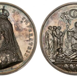 World Coins (."GREAT BRITAIN. Victoria. (Queen, 1837-1901). ND (1887) AR Medal. NGC MS65. By J.E. Boehm and F. Leighton. Edge: Plain. VICTORIA REGINA ET IMPERATRIX. Crowned and veiled bust left, J.E.B. on truncation of bust / IN • COMMEMORATION. Victoria enthroned an)