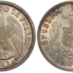 World Coins (CHILE. 1883-So AR Peso. PCGS MS66. Santiago mint. Plumed arms within wreath / Condor with wings spread and shield. KM 142.1. Round-top 3. Struck by law of October 21, 1865.)