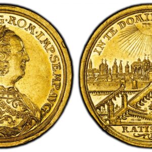 World Coins (GERMAN STATES. Regensburg. Francis I, Holy Roman Emperor. (1745-65) ND B AV 2 Ducats. PCGS AU58. By Johann Christoph Busch (Mintmaster). 6.95gm. FRANCISCUS•I•ROM•IMP•SEMP•AVG•. Bust, right; signed on truncation I.L.OE (Johann Leonhard Oexlein) / IN TE DOM)