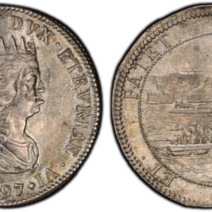 World Coins (ITALIAN STATES. Livorno. Cosimo III deMedici. (Grand Duke, 1670-1723). 1697 AR Tollero. PCGS AU58. 27.10gm. COSMVS III MAG DVX ETRVRIAE VI. Crowned and draped narrow bust, right / ET PATET – ET FAVET. View of the port of Livorno. KM 16.4; CNI 41; Galeot)
