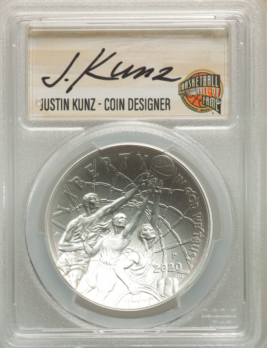 2020-P Modern Commemoratives (2020-P $1 Basketball Hall of Fame, First Strike, NMBHOF, Coin Designer Justin Kunz, MS)