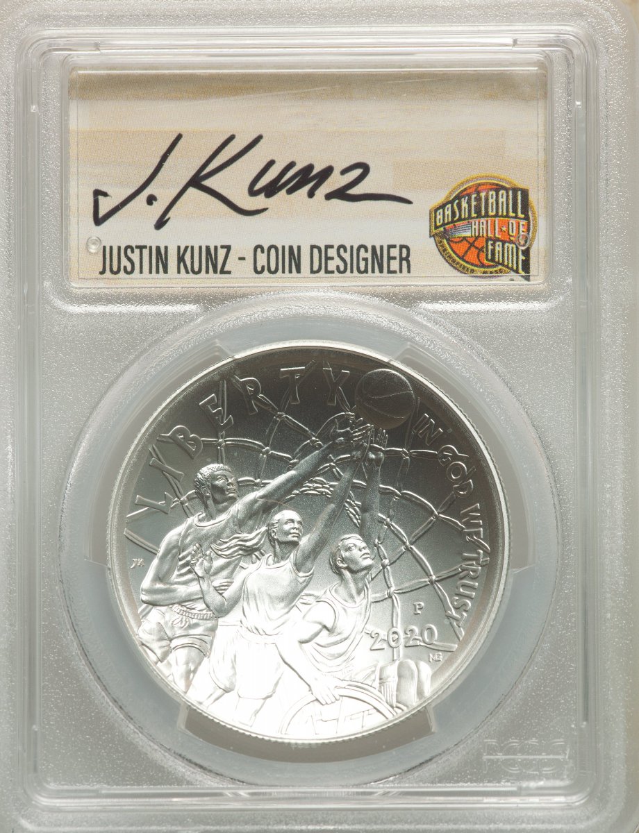 2020-P Modern Commemoratives (2020-P $1 Basketball Hall of Fame, First Strike, NMBHOF, Coin Designer Justin Kunz, MS)
