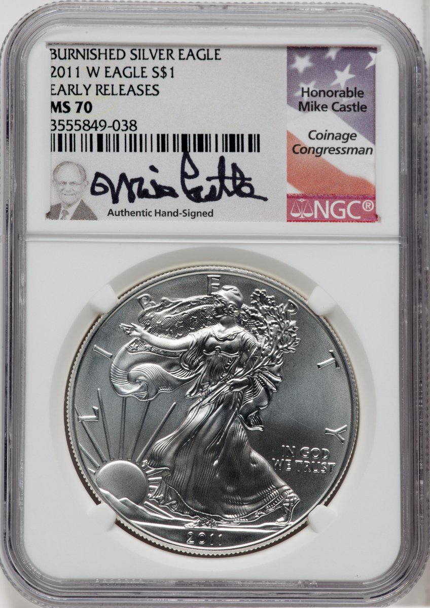 2011-W Modern Bullion Coins (2011-W S$1 Silver Eagle, Burnished, First Strike, SP Mike Castle)