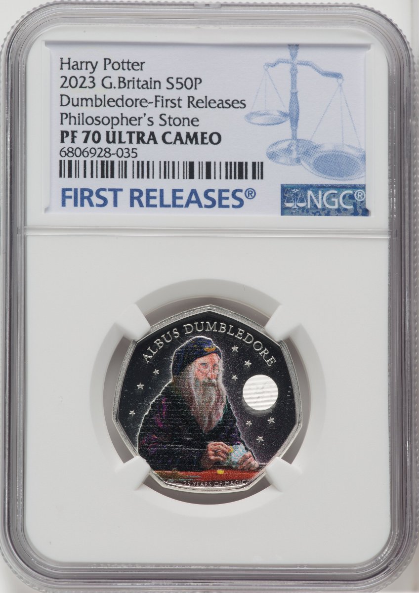 2023 World Coins (Charles III silver Colorized Proof “Professor Dumbledore” 50 Pence 2023 PR70  Ultra Cameo NGC,)