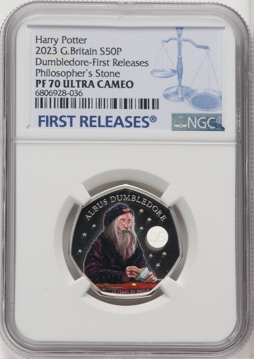 2023 World Coins (Charles III silver Colorized Proof “Professor Dumbledore” 50 Pence 2023 PR70  Ultra Cameo NGC,)
