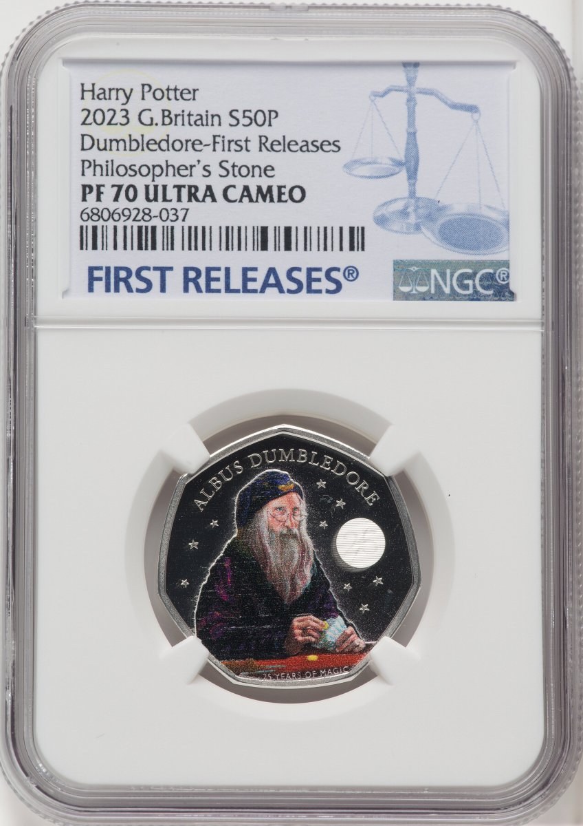 2023 World Coins (Charles III silver Colorized Proof “Professor Dumbledore” 50 Pence 2023 PR70  Ultra Cameo NGC,)