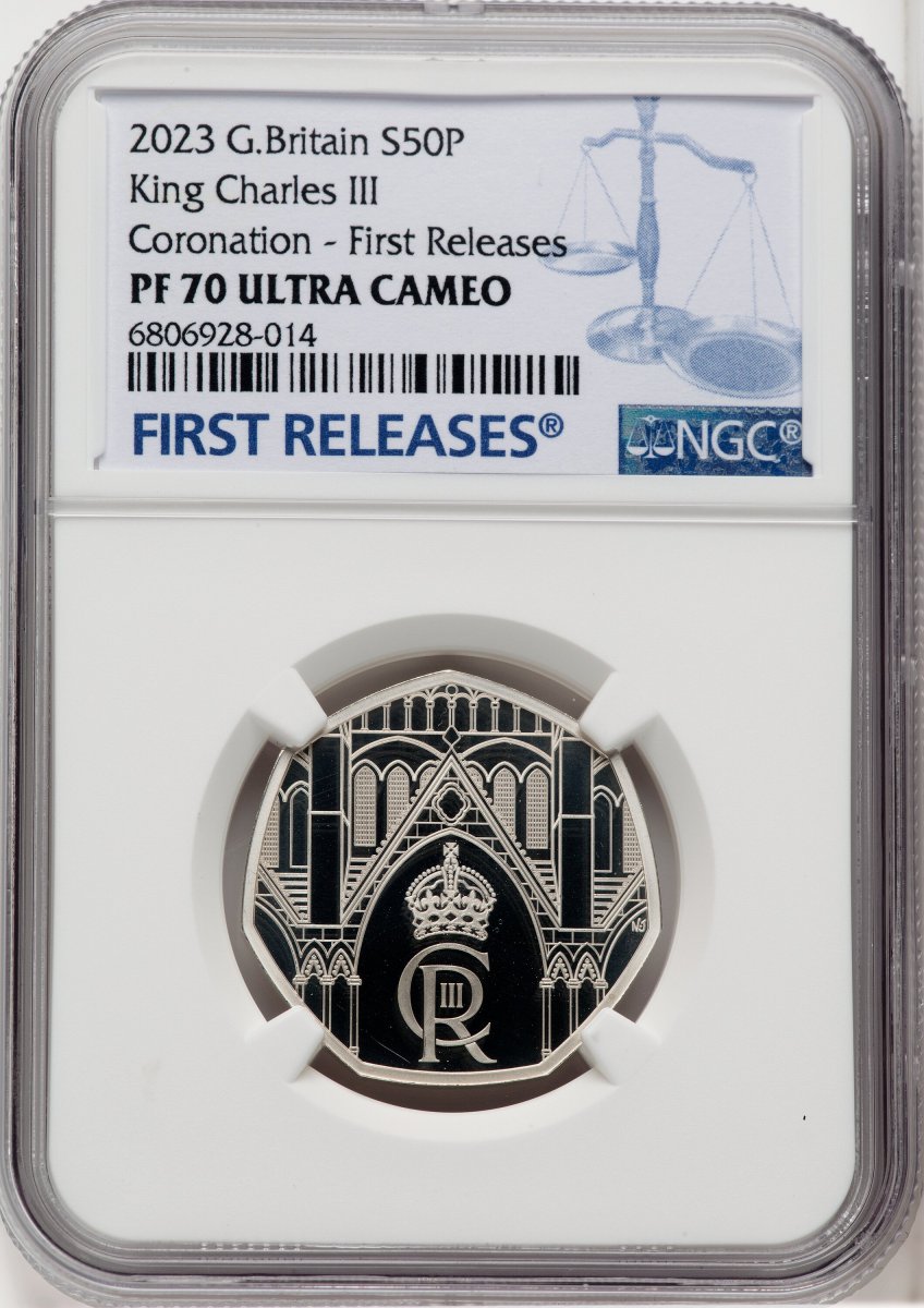 2023 World Coins (Charles III silver Proof “King Charles III Coronation” 50 Pence 2023 PR70  Ultra Cameo NGC,)