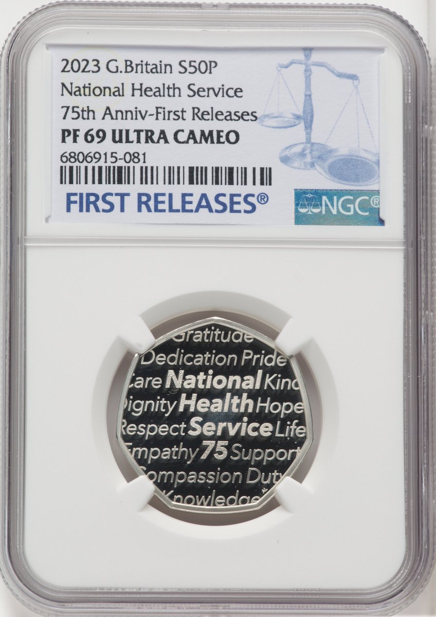 2023 World Coins (Charles III silver Proof “National Health Service – 75th Anniversary” 50 Pence 2023 PR69  Ultra Cameo NGC,)
